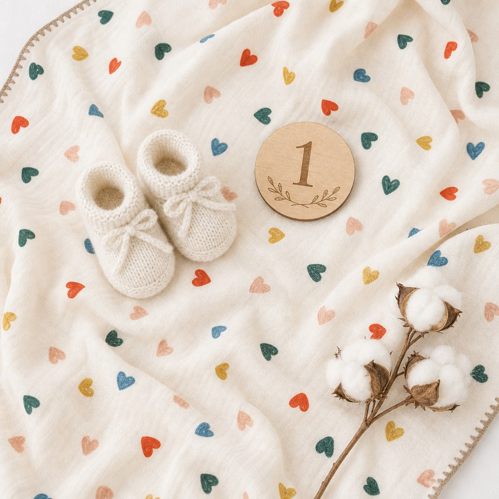 GOTS organic baby blanket heart pattern used as milestone photo prop flatlay with wooden disc