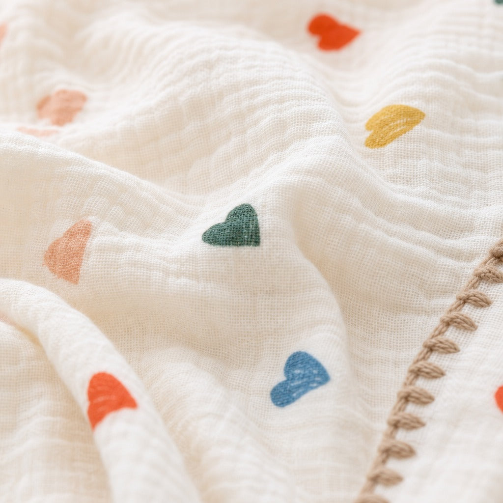 Close-up of GOTS organic cotton knit texture on heart design baby blanket with stitched border