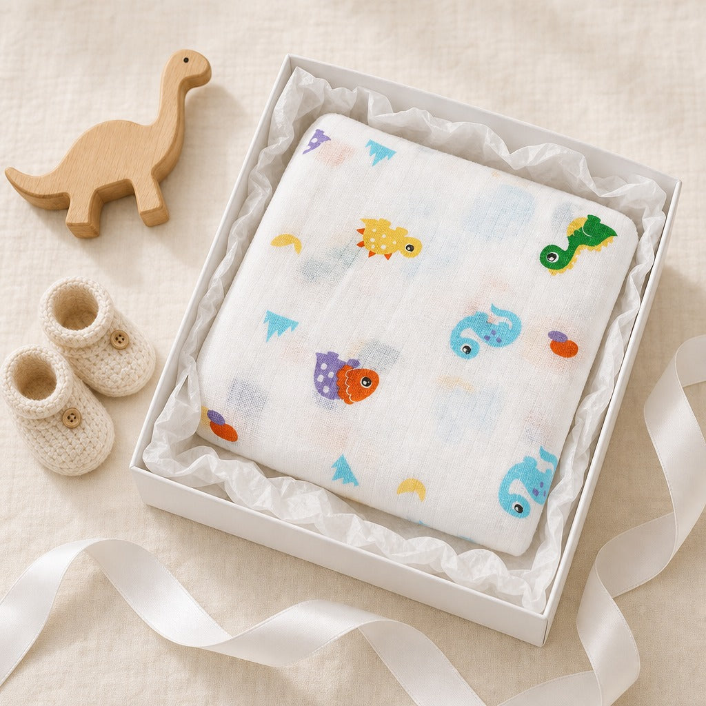A Kiddospot white muslin baby blanket with colorful dinosaur prints, presented in a white gift box with white tissue paper. The gift box is styled on a beige fabric background with a wooden dinosaur toy and cream-colored knit booties.