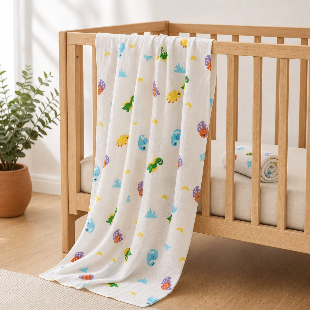 A Kiddospot white baby blanket with a colorful dinosaur and cloud pattern draped over a light wood crib in a bright nursery setting.