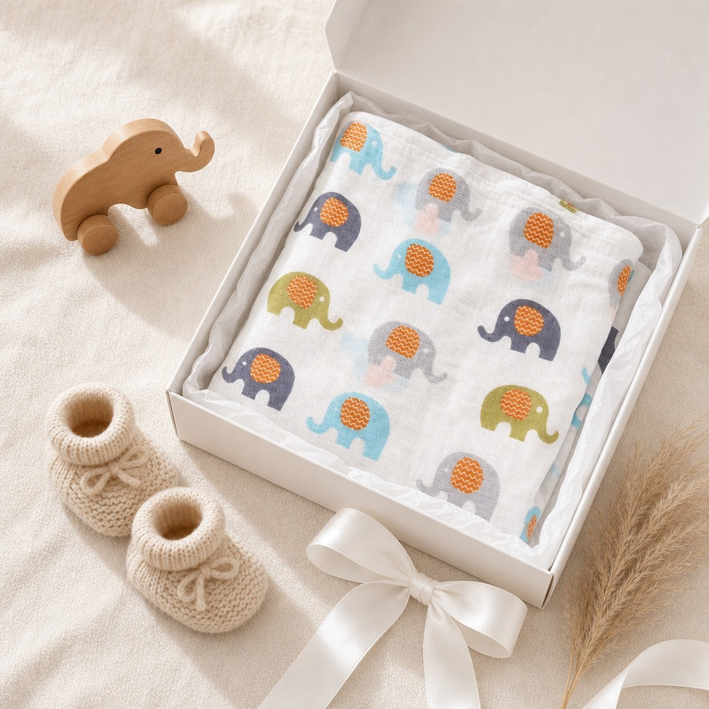 A folded Kiddospot white muslin baby blanket with a colorful elephant print sits in an open white gift box tied with a white ribbon. The blanket features elephants in blue, purple, green, and gray with orange centers.