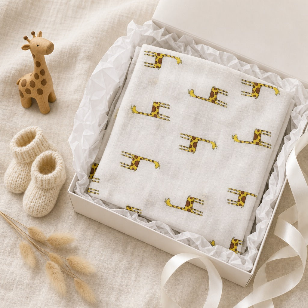 A folded Kiddospot white baby blanket with a yellow and brown giraffe print pattern, presented in a white gift box with tissue paper. The gift box is styled on a beige linen background with a wooden giraffe toy, cream knit booties, and dried bunny tail stems.