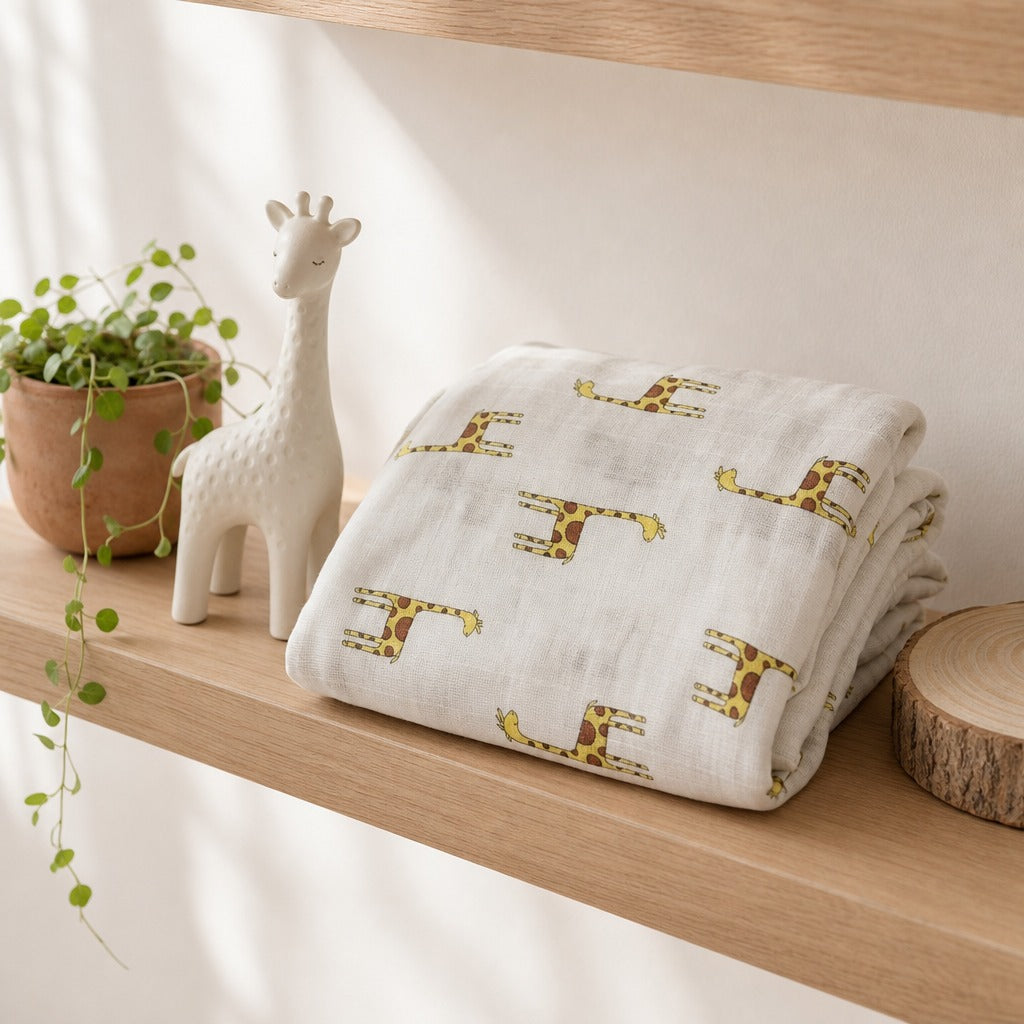 A folded Kiddospot white muslin blanket with a yellow and brown giraffe pattern sits on a light wood shelf next to a white giraffe figurine, a potted plant, and a wood slice.