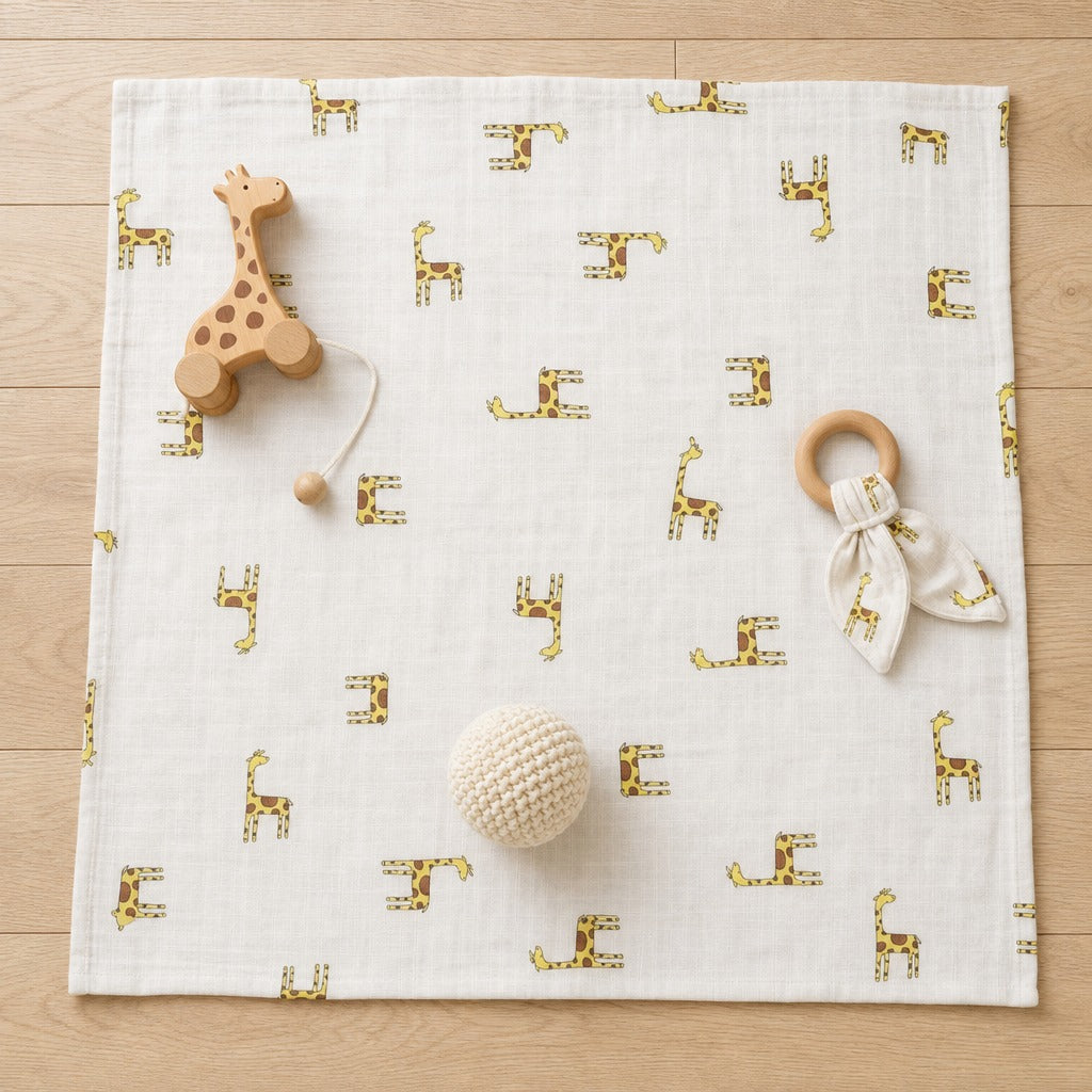 A square Kiddospot white muslin baby blanket with a repeating gold giraffe pattern, styled on a light wood floor with a wooden giraffe teether, a wooden ring rattle with a white fabric bow, and a cream-colored knit ball.