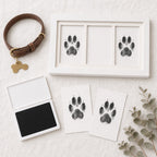 A flat-lay of pet paw print keepsakes on a white textured fabric background, featuring a white double-photo frame with two paw prints, two individual paw print cards, a black-and-white paw print ink pad, a brown leather collar with a gold bone tag, and eucalyptus sprigs.
