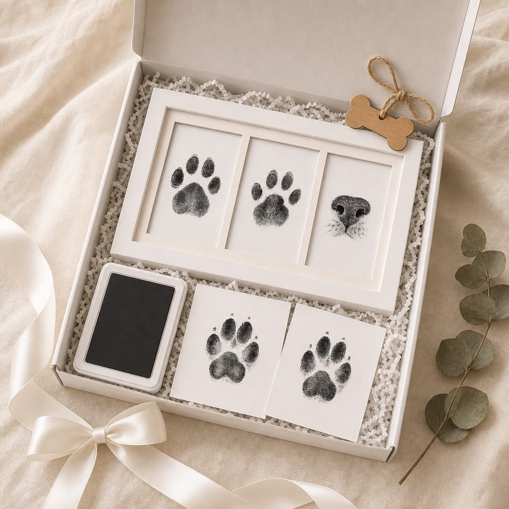 A pet memorial keepsake gift box shown open on a beige fabric background, containing four white frames with black paw print and face prints, a small black square item, and a wooden bone-shaped tag tied with ribbon. A cream ribbon bow and eucalyptus leaves are placed around the box.
