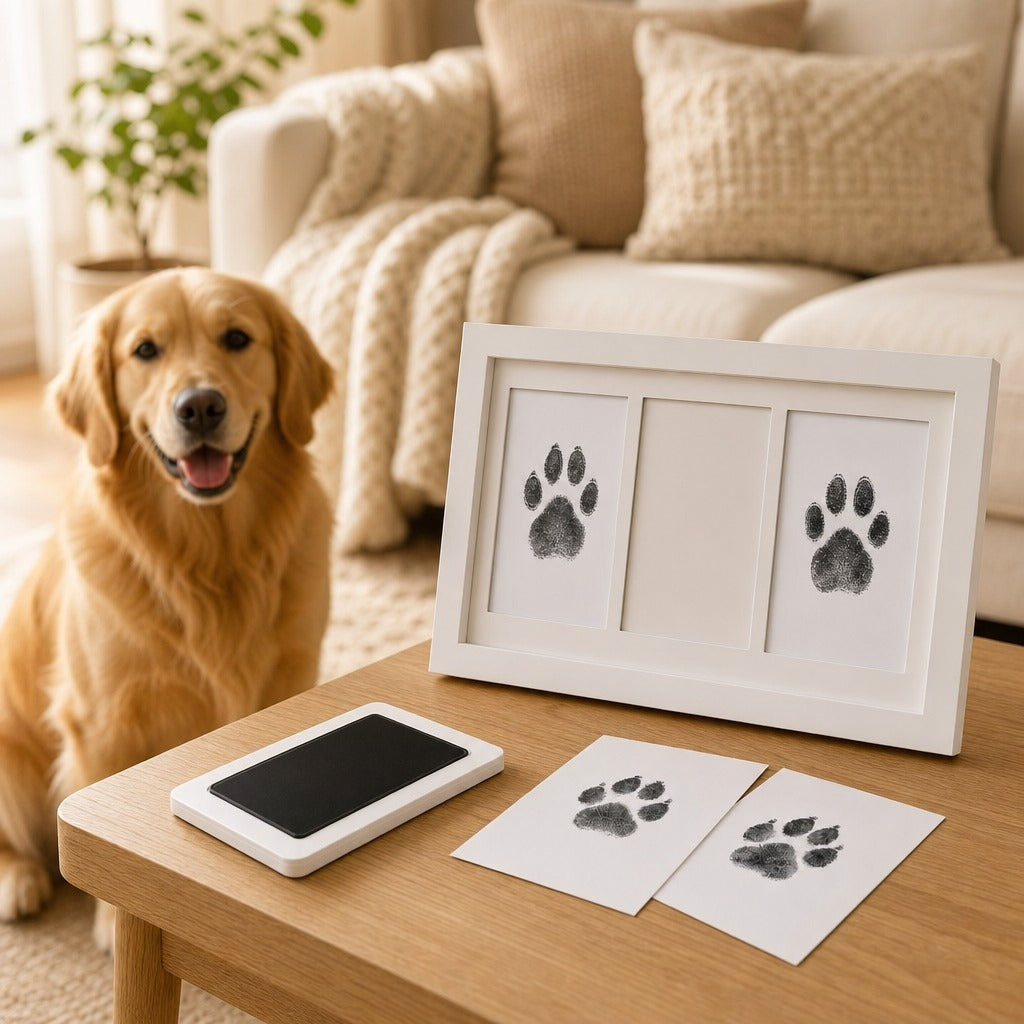 A golden retriever sits beside a wooden table in a living room, next to a white pet footprint frame with two black paw prints, a small white tablet, and two printed paw print cards.