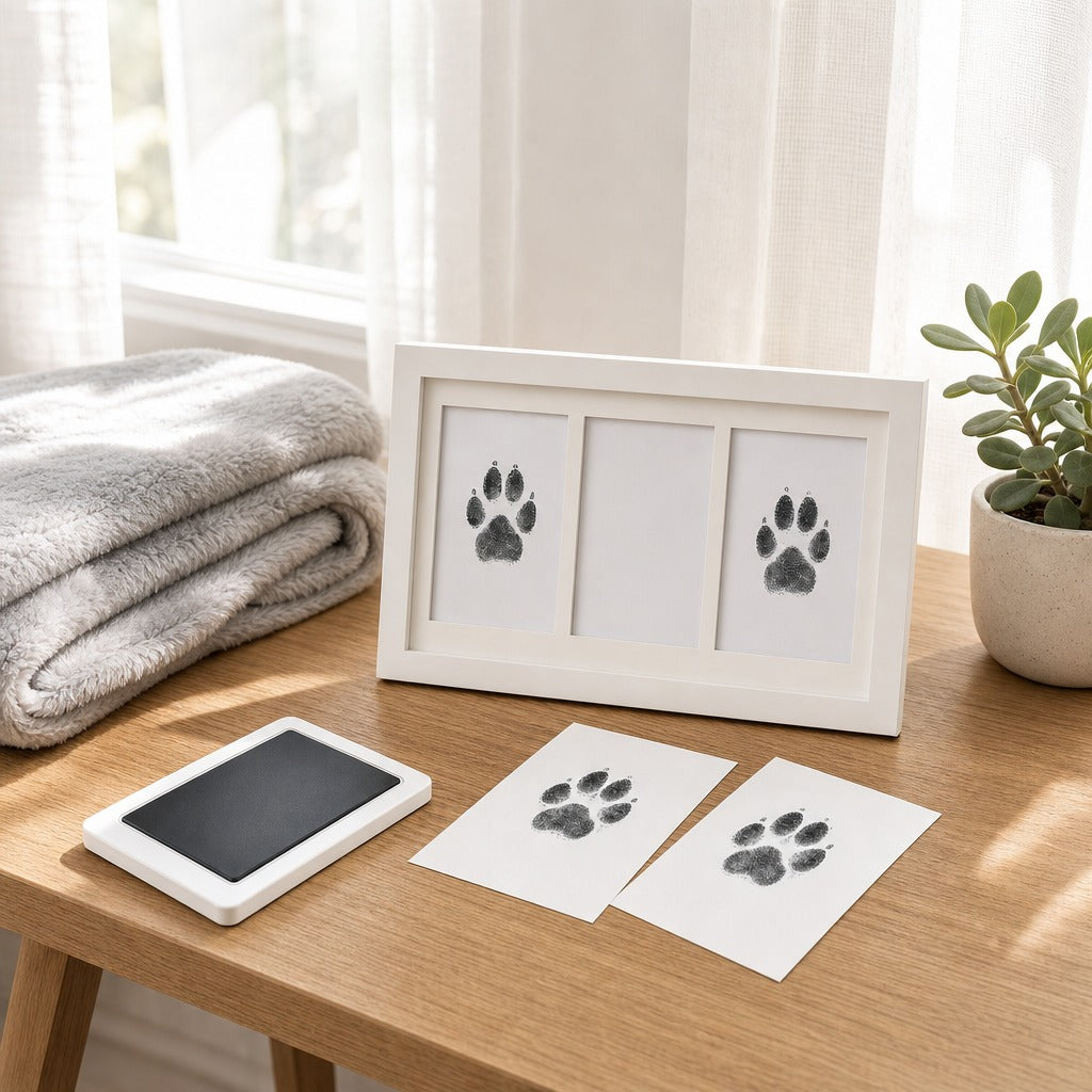 A white double-frame keepsake photo print set displayed on a wooden table next to a folded gray blanket and a small potted plant. The set includes two individual prints and a larger double-frame piece, each showing a black paw print on white paper.