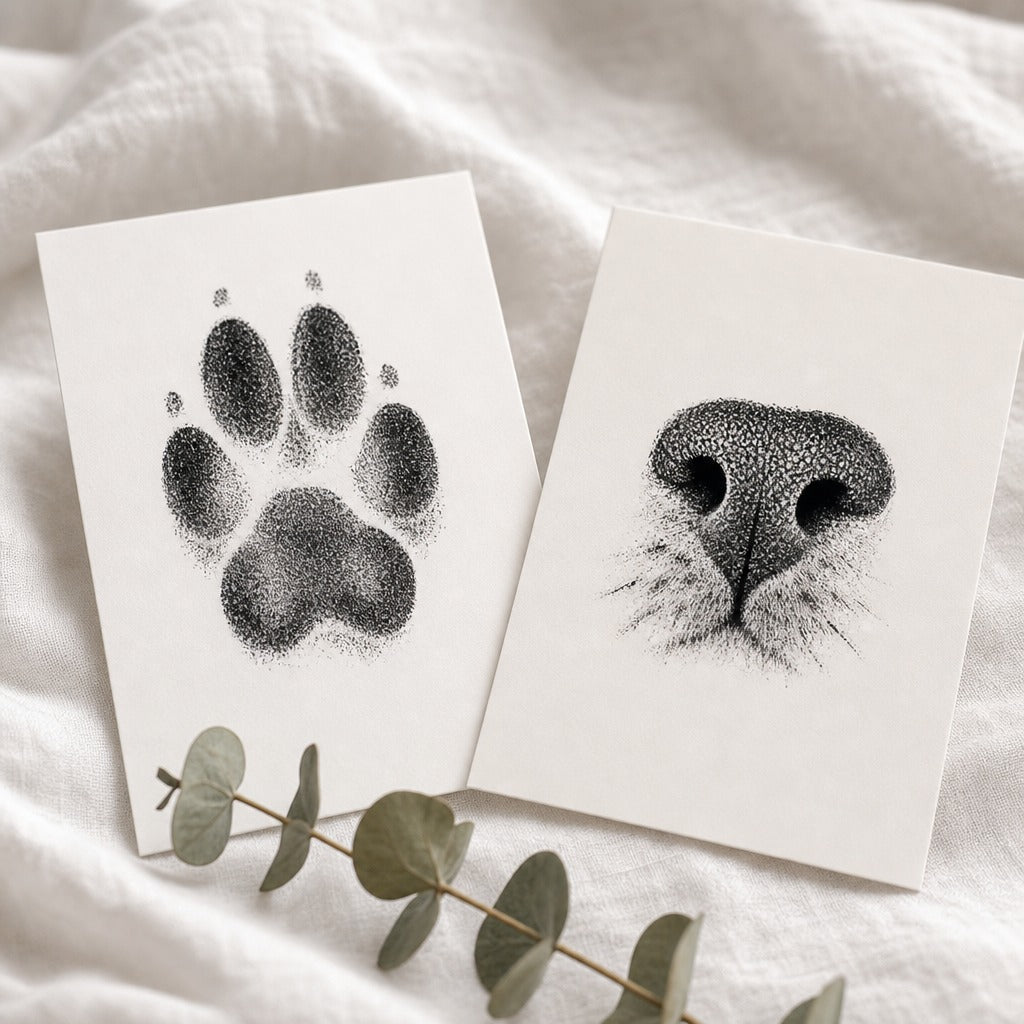Two white art prints laid on a soft white fabric background, one showing a black paw print and the other a black cat nose illustration, with a eucalyptus sprig in front.