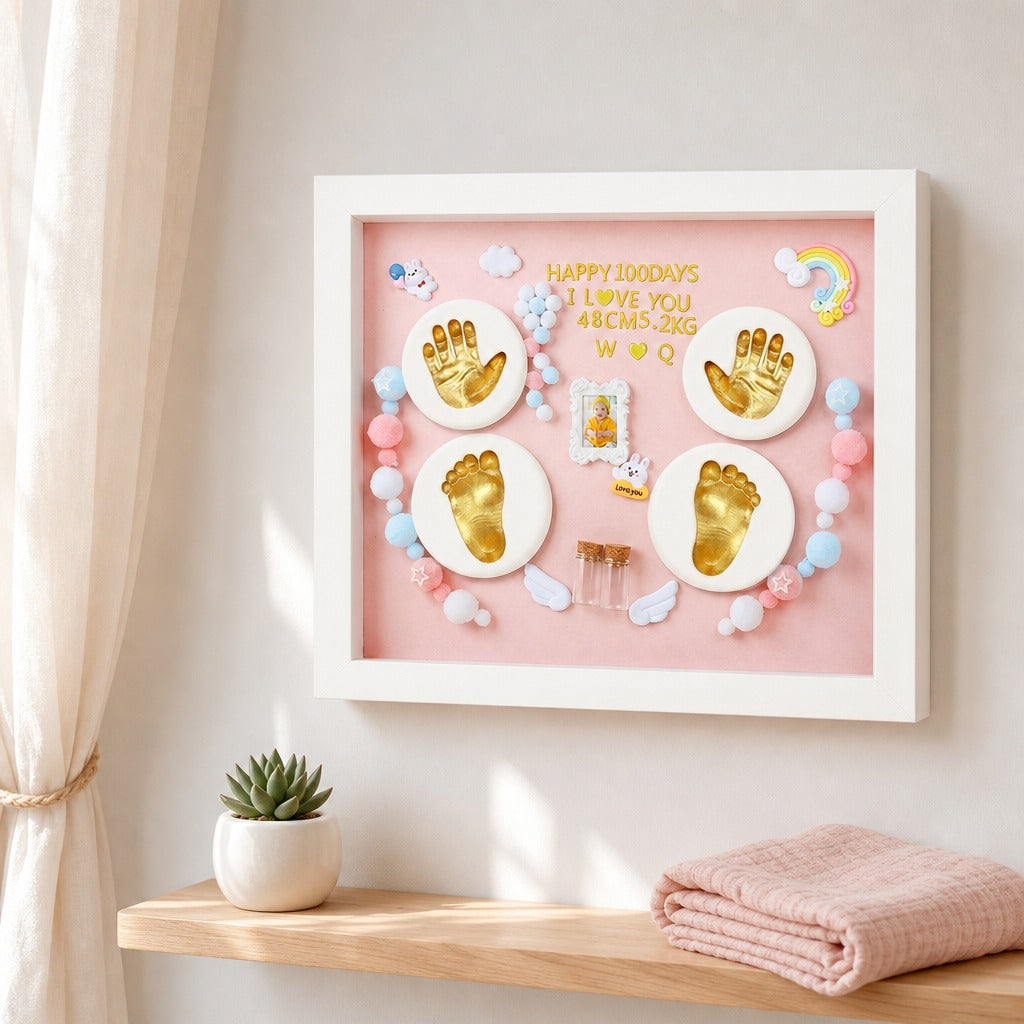 Kiddospot framed personalized baby milestone shadow box displayed on a light beige wall above a wooden shelf. The white-framed shadow box features a pink background with gold baby hand and footprints, a small photo insert, pastel beads, and the text 'HAPPY 100 DAYS I LOVE YOU'.