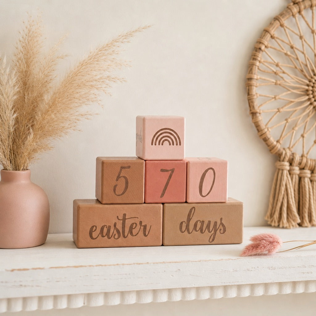A stack of Kiddospot's wooden milestone blocks on a white shelf, with a pink vase of dried grass on the left and a boho dreamcatcher on the right. The blocks are in shades of tan, brown, and dusty pink, with 'easter days' written on the front two blocks and numbers 5, 7, and 0 on the middle row.