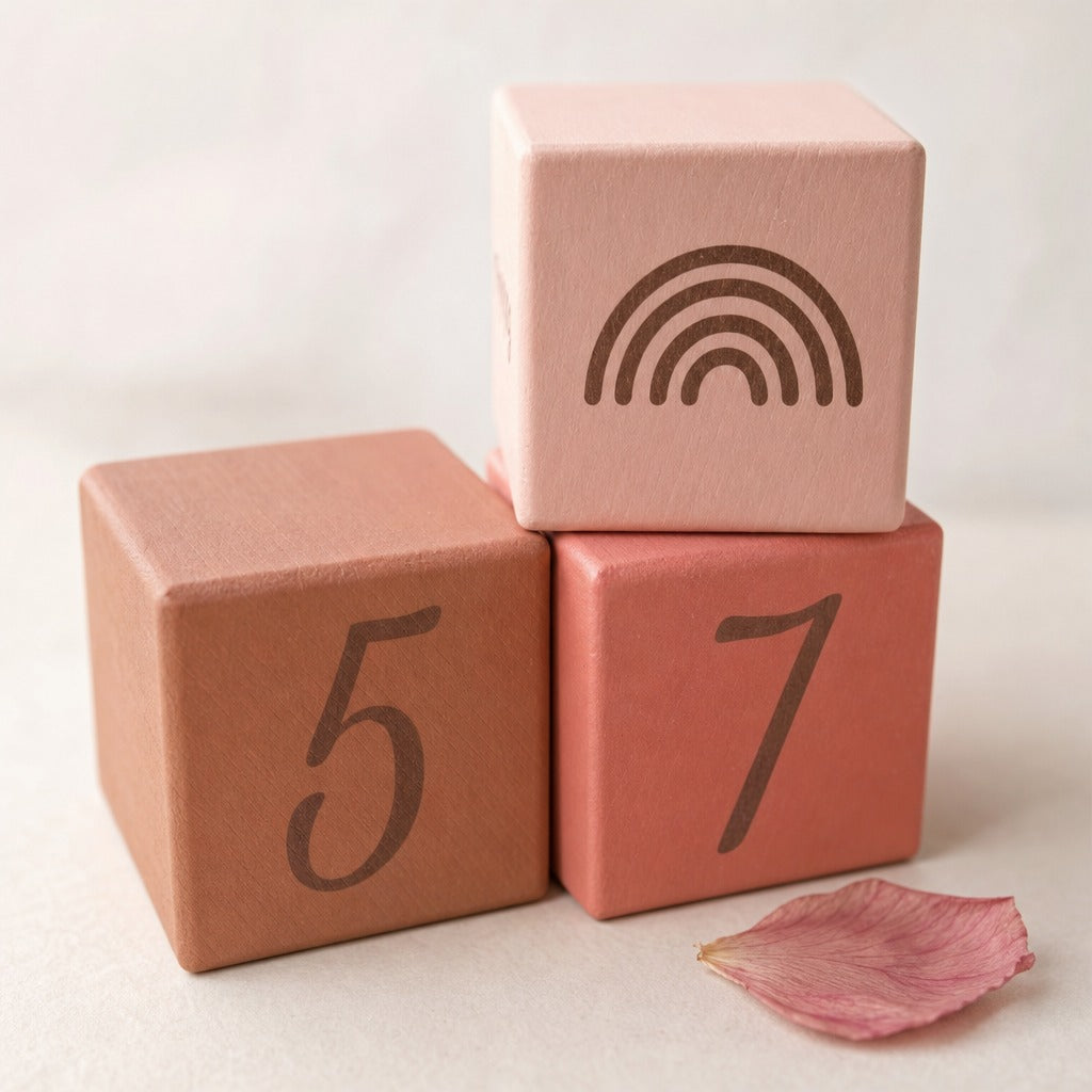Kiddospot's wooden milestone blocks stacked in a pyramid arrangement on a light beige surface. The bottom-left block is terracotta pink with the number 5, the bottom-right block is coral pink with the number 7, and the top block is pale pink with a dark brown rainbow design.