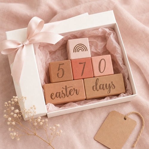 A gift box containing Kiddospot's wooden milestone blocks that spell 'easter days' with the numbers 5, 7, and 0, styled on a soft pink fabric background with a ribbon and a kraft tag.
