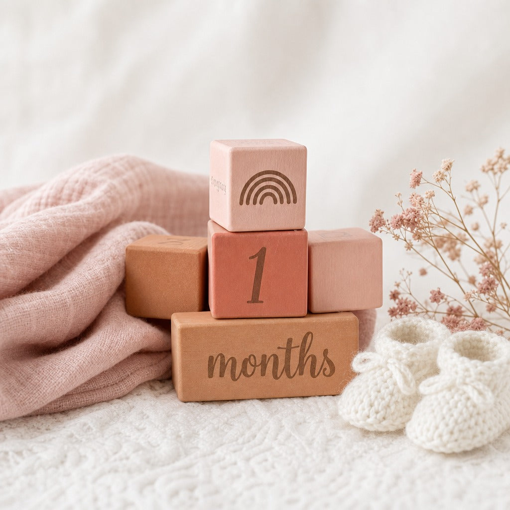 A stack of Kiddospot's wooden baby milestone blocks in soft pastel and natural wood tones, with one block engraved '1 months' and another 'months'. The scene is styled with a pink blanket, white knit baby booties, and dried flowers on a soft white textured surface.