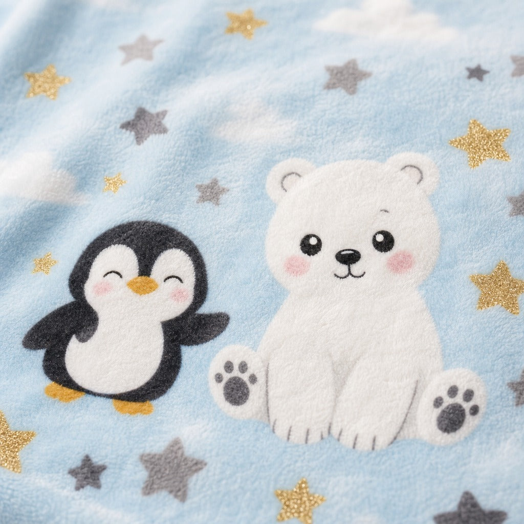A folded light blue blanket with a white polar bear illustration and gray and yellow stars, displayed on a wooden bench in a styled nursery-like setting with a basket, plush toy, block, and dried grass in a vase.