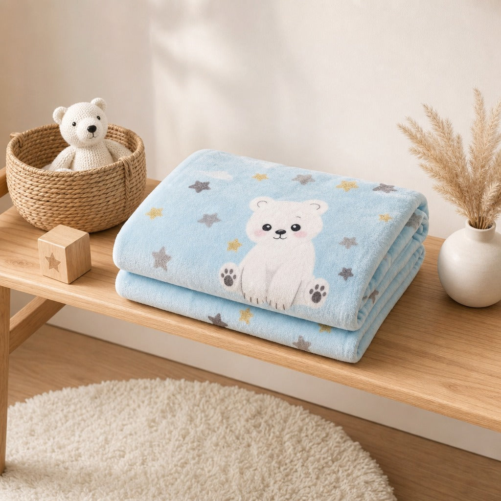 A folded light blue blanket with a white polar bear illustration and gray and yellow stars, displayed on a wooden bench in a styled nursery-like setting with a basket, plush toy, block, and dried grass in a vase.