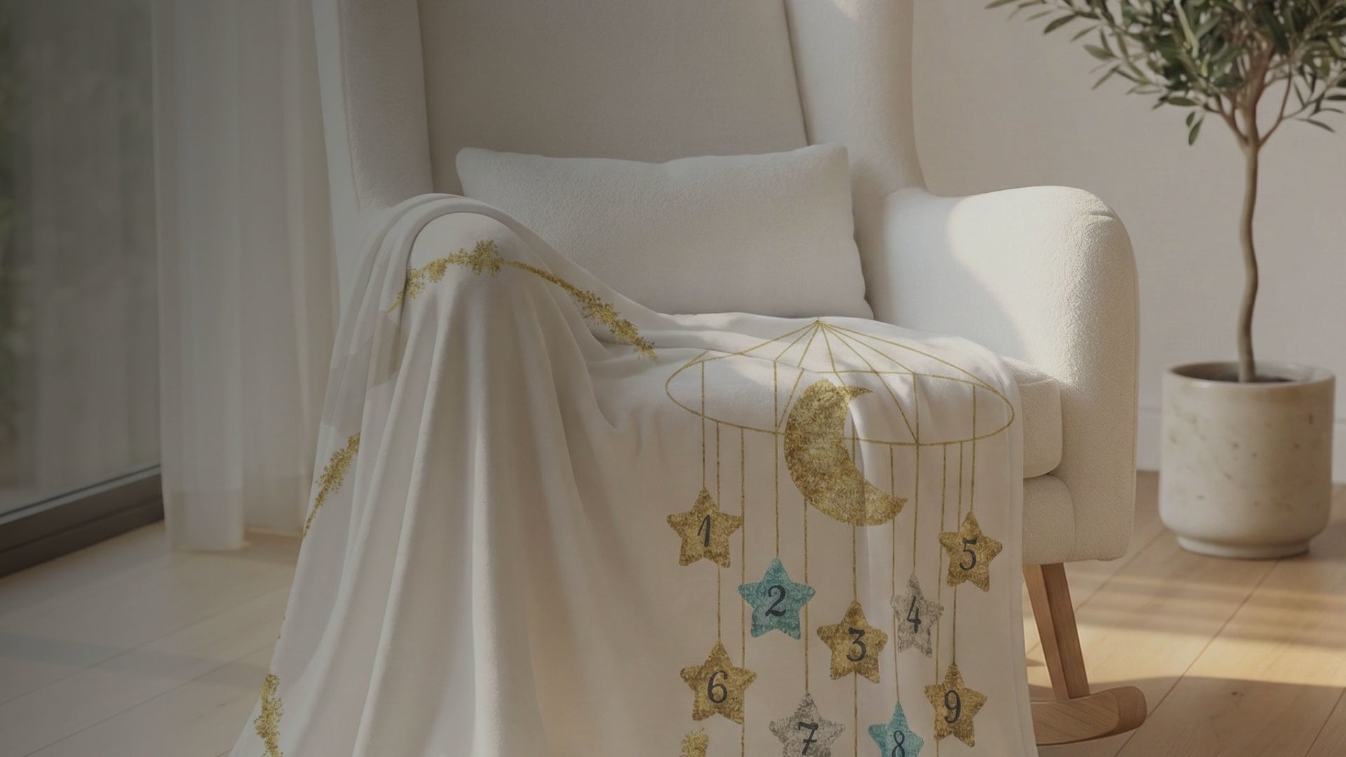 Kiddospot White Baby Milestone Blanket — crisp ivory base with gold glitter crescent moon, twelve numbered gold, silver-grey and teal stars on a shimmering gold wreath border, and "Today I am" milestone tracking text for Weeks 1–4 and Months 1–12. 100x150cm ultra-soft high-pile flannel fleece. Gender-neutral, timeless design. Perfect monthly baby photo prop and baby shower gift. Free AU shipping. kiddospot.com