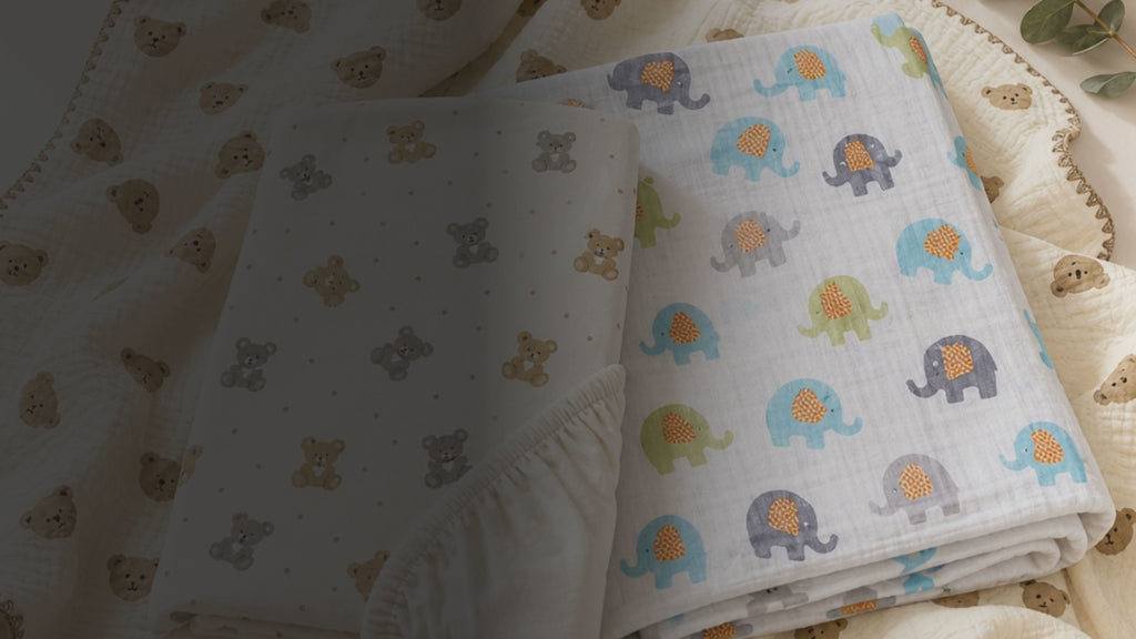 Kiddospot GOTS Organic Nursery Starter Bundle — bear knitted blanket, elephant muslin swaddle and bear cot fitted sheet, all GOTS certified organic cotton