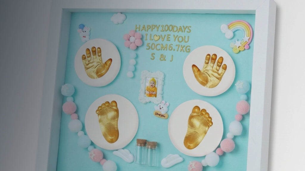 Kiddospot Blue Baby Handprint and Footprint Frame — complete 28x33cm display-ready inkless clay kit with hanging hardware included. 100% mess-free, safe for newborn skin from day one. Captures every fine detail of tiny hands and feet. Suitable for boys nurseries, coastal, Scandi, and gender-neutral nursery themes. ISO 8124 certified. Free AU shipping. kiddospot.com