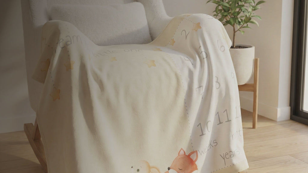 Kiddospot Yellow Baby Milestone Blanket in Fox Design — cream base with watercolour sleeping fox in rusty orange, crescent moon, yellow stars, and charcoal grey milestone circles tracking Weeks 1–4 and Months 1–12. 100x150cm ultra-soft flannel fleece. Perfect monthly baby photo prop and baby shower gift. Free AU shipping. kiddospot.com