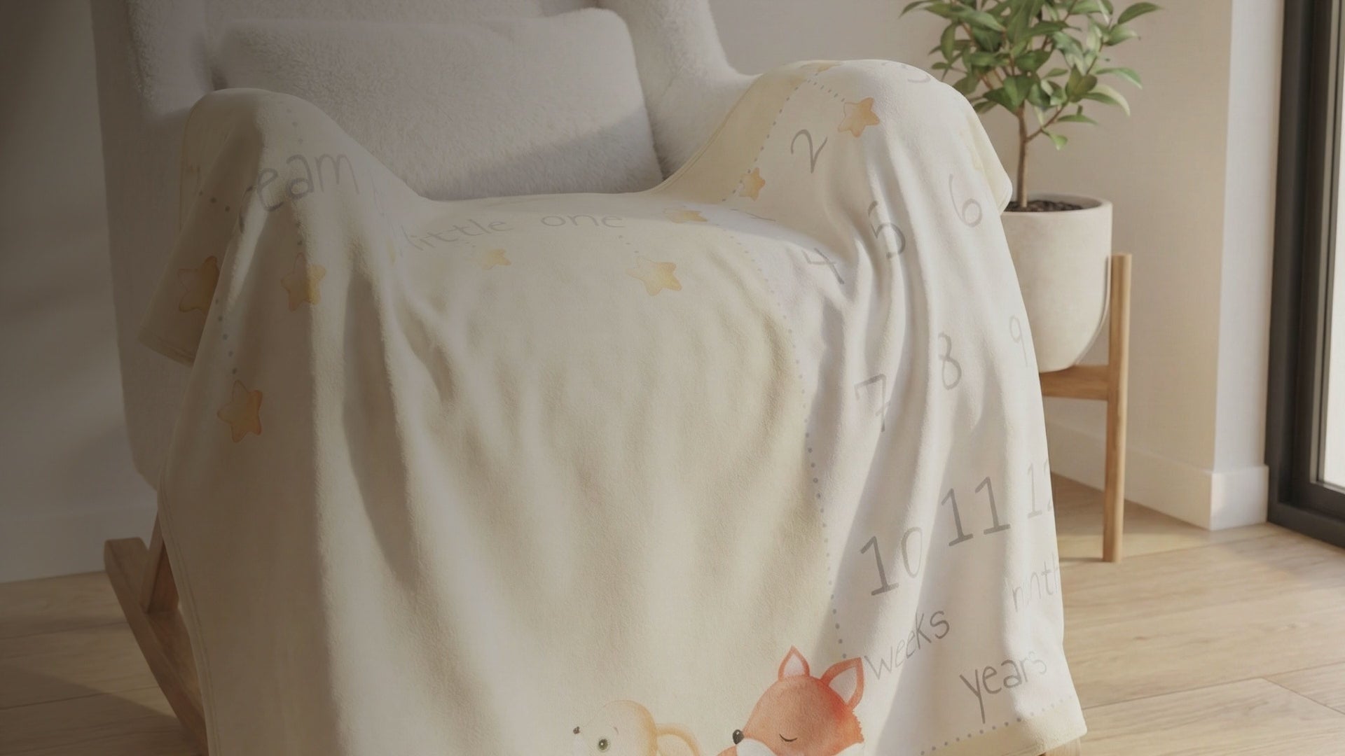 Kiddospot Yellow Baby Milestone Blanket in Fox Design — cream base with watercolour sleeping fox in rusty orange, crescent moon, yellow stars, and charcoal grey milestone circles tracking Weeks 1–4 and Months 1–12. 100x150cm ultra-soft flannel fleece. Perfect monthly baby photo prop and baby shower gift. Free AU shipping. kiddospot.com