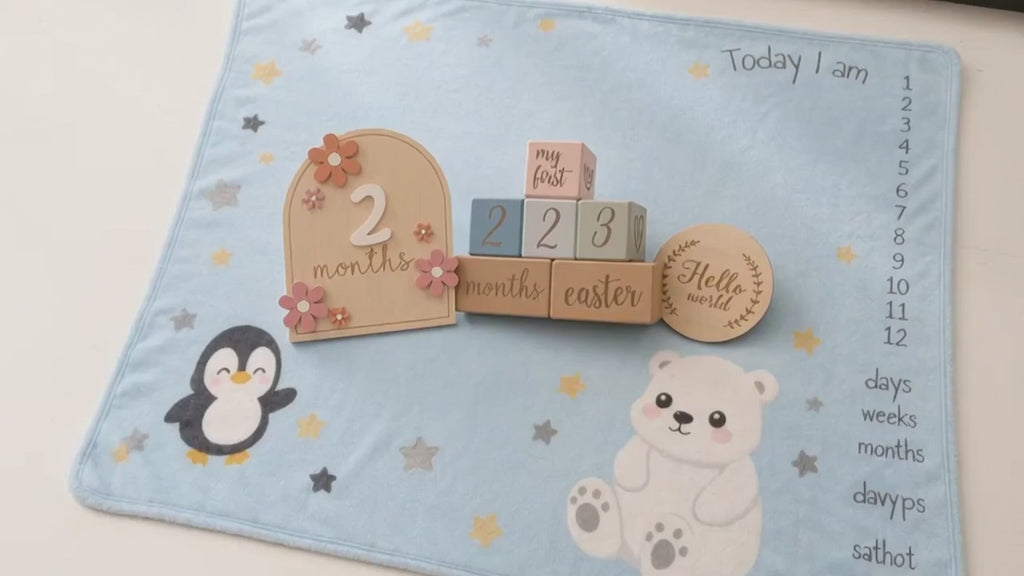 Kiddospot Milestone Starter Pack Blue — product showcase video featuring powder blue milestone blanket, wooden milestone blocks, and arch disc card
