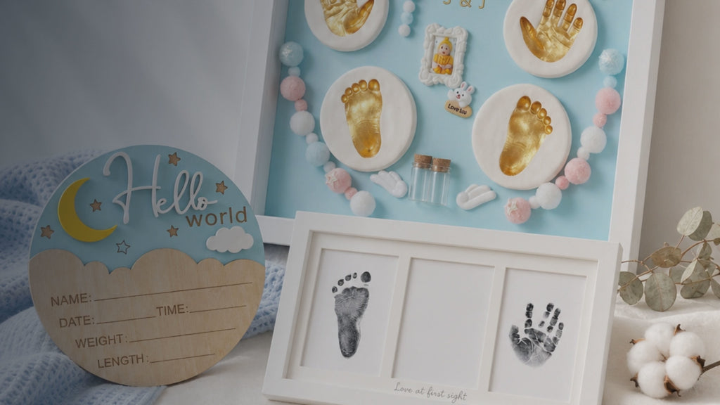 Kiddospot Newborn Keepsake Bundle Blue — includes 28x33cm blue baby handprint and footprint shadowbox frame with hanging hardware, newborn mess-free inkless hand and footprint kit safe for newborn skin from day one, and wooden Hello World birth announcement sign. Complete newborn keepsake gift set, ISO 8124 certified, arrives gift-boxed. Free AU shipping. kiddospot.com