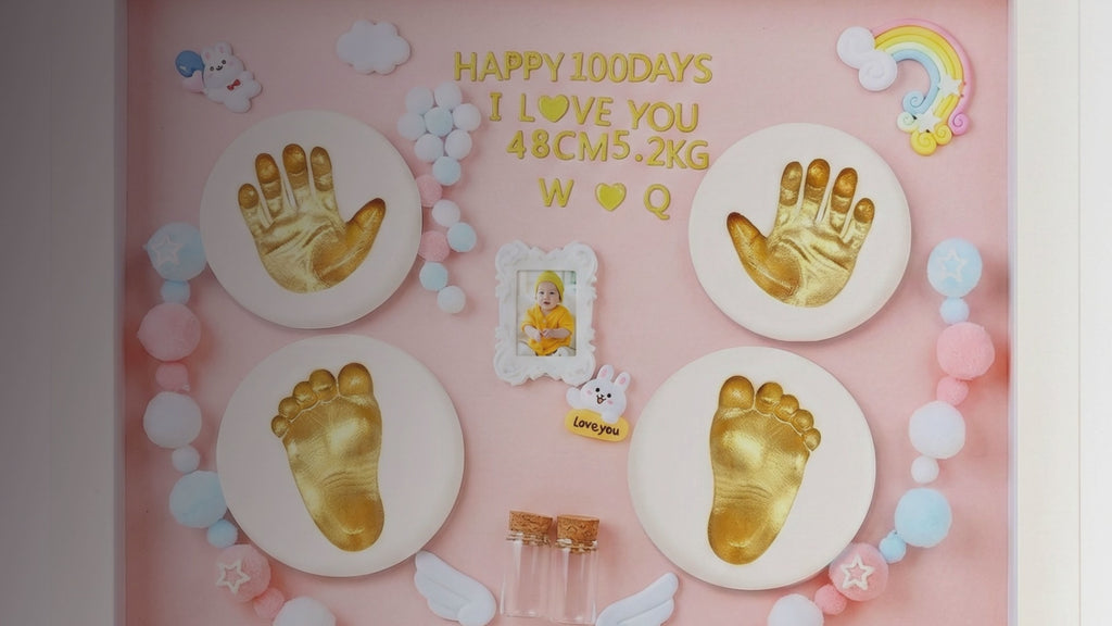 Kiddospot Pink Baby Handprint and Footprint Frame — complete 28x33cm display-ready inkless clay kit with hanging hardware included. 100% mess-free, safe for newborn skin from day one. Warm, elegant pink frame suited to floral, blush, Scandi, and warm-toned nurseries. Perfect baby shower gift for girls. ISO 8124 certified. Free AU shipping. kiddospot.com