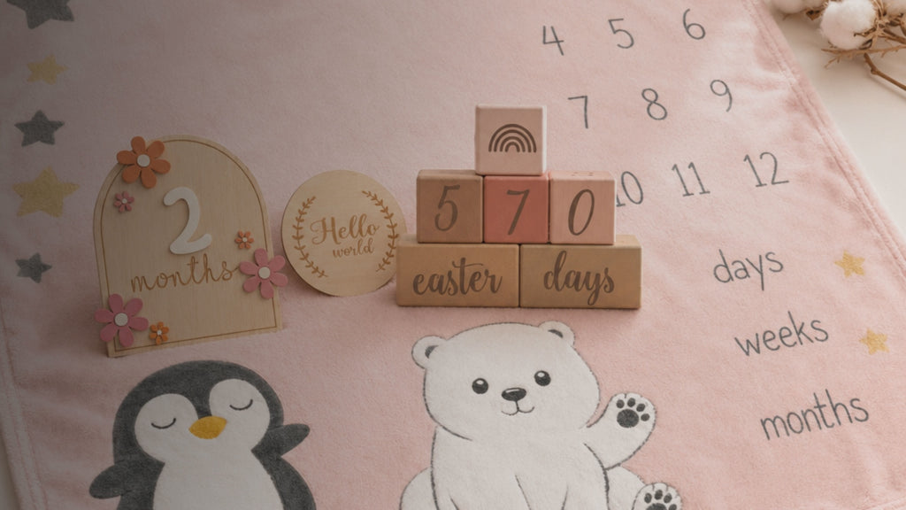 Kiddospot Milestone Starter Pack Pink — includes pink 100x150cm flannel monthly milestone blanket, pink wooden baby milestone blocks, and wooden monthly photo disc cards. Complete first-year baby gift bundle, safety certified, gift-boxed and ready to give. Designed for parents and gift givers. kiddospot.com