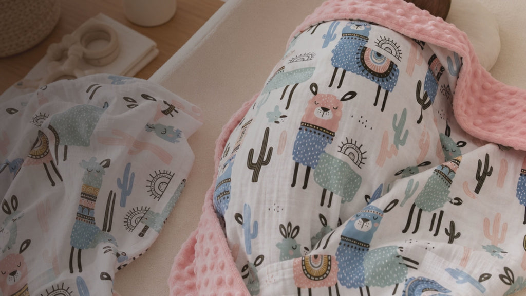Kiddospot Llama Minky Baby Blanket and Muslin Swaddle Set — two-piece matching newborn gift set featuring a playful llama and cactus print on white, with colourful llamas in dusty blue, sage green and dusty pink wearing tribal saddles. Ultra-plush salmon-pink dimple minky blanket reverse plus lightweight breathable muslin swaddle. Standout baby shower gift. Free AU shipping. kiddospot.com