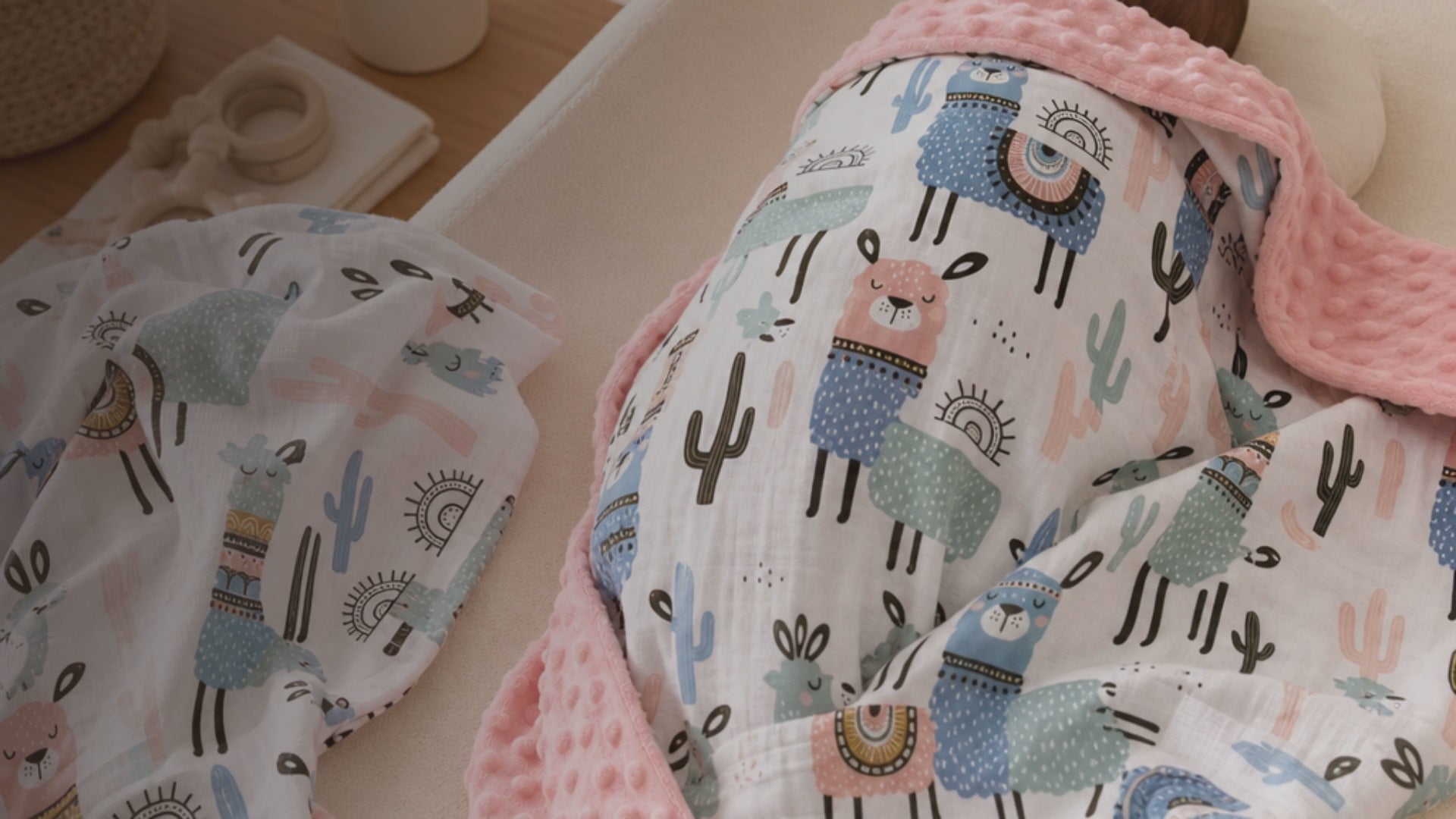 Kiddospot Llama Minky Baby Blanket and Muslin Swaddle Set — two-piece matching newborn gift set featuring a playful llama and cactus print on white, with colourful llamas in dusty blue, sage green and dusty pink wearing tribal saddles. Ultra-plush salmon-pink dimple minky blanket reverse plus lightweight breathable muslin swaddle. Standout baby shower gift. Free AU shipping. kiddospot.com