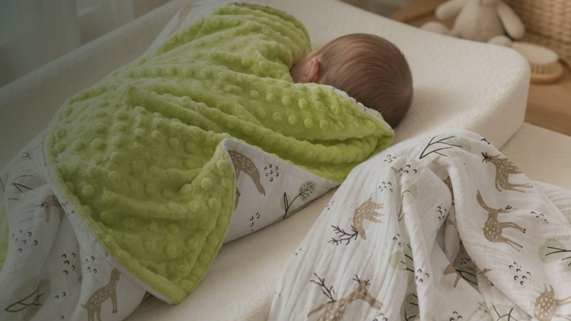 Kiddospot Deer Minky Baby Blanket and Muslin Swaddle Set — two-piece matching newborn gift set featuring a watercolour woodland deer print in taupe on off-white, with sage green circular trees and black branch details. Ultra-plush sage green dimple minky reverse plus lightweight breathable muslin swaddle. Gender-neutral woodland design suited to boho, Scandi and nature nurseries. Free AU shipping. kiddospot.com