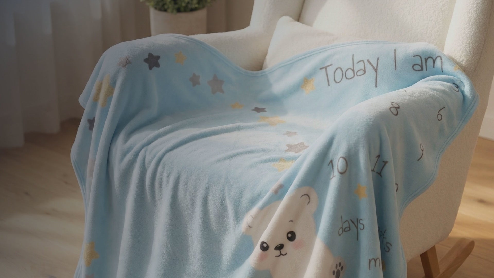 Kiddospot Blue Baby Milestone Blanket — pale sky blue base with kawaii polar bear, penguin, scattered gold and grey stars, white clouds, and charcoal grey "Today I am" milestone tracking text for Weeks 1–4 and Months 1–12. 100x150cm ultra-soft high-pile flannel fleece. Perfect monthly baby photo prop and baby shower gift. Free AU shipping. kiddospot.com