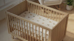Kiddospot GOTS Organic Cotton Cot Fitted Sheet in Bear Design — cream base with tossed honey-brown and charcoal grey teddy bear motifs and dusty pink polka dots. 132x72cm, deep elastic pockets, fits standard cot mattresses. 100% breathable woven cotton, machine washable. Timeless gender-neutral nursery design. Free AU shipping. kiddospot.com