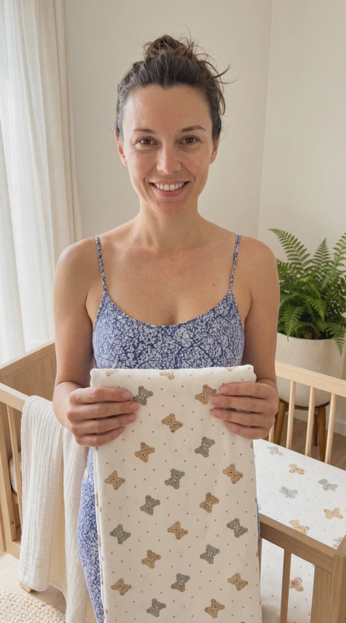 Kiddospot's organic cotton fitted sheet for baby cot with bear design reviewed by a parent.
