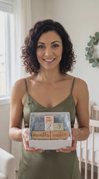 Kiddospot's blue wooden milestone blocks prop for monthly photos review by parent. 