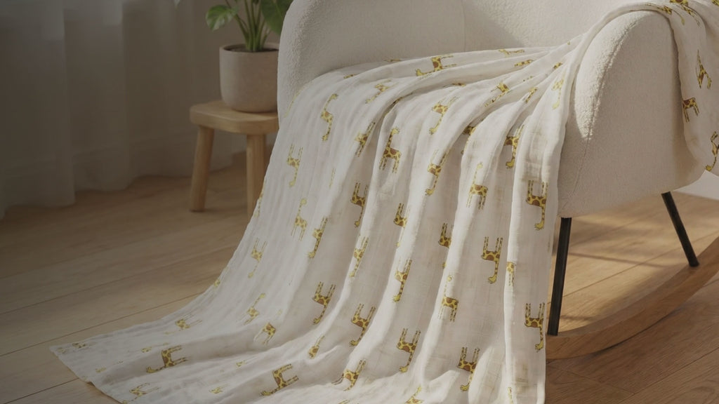 Kiddospot GOTS Organic Muslin Swaddle in Giraffe Print — crisp white lightweight double-gauze muslin with a tossed all-over pattern of hand-drawn golden yellow giraffes with chocolate brown spots. 120x120cm. Use as a swaddle, nursing cover, pram shade or lightweight wrap. GOTS certified organic cotton, breathable and gets softer with every wash. Free AU shipping. kiddospot.com
