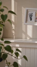 Vertical video of parent hands placing a white triple-window inkless newborn handprint and footprint keepsake frame on a nursery shelf