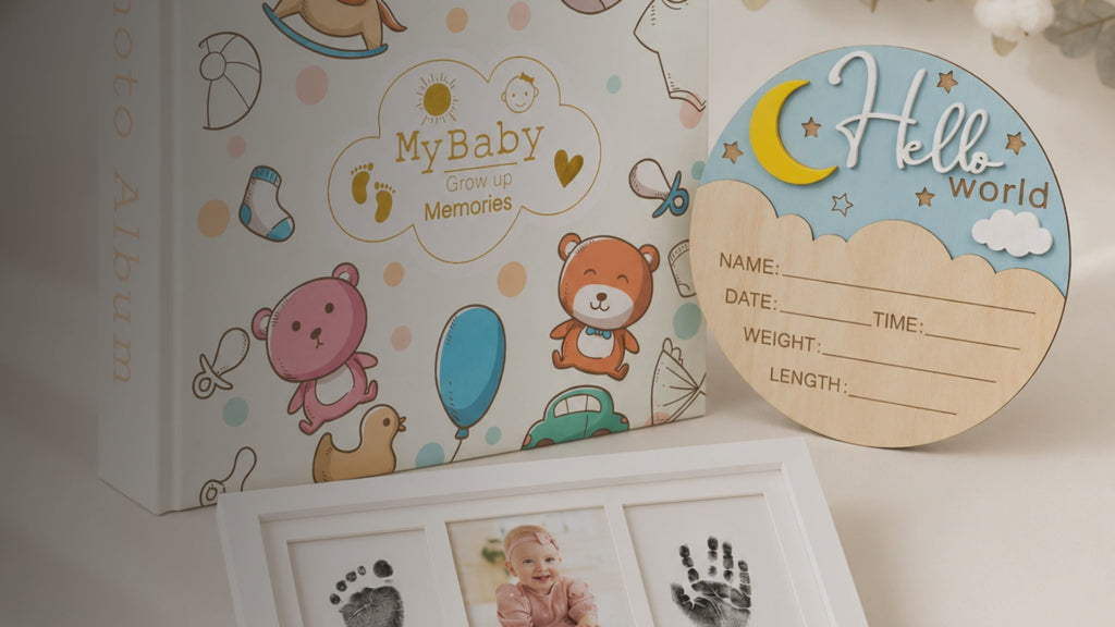 Kiddospot First Memories Gift Set — includes 100-page guided baby memory book and journal with gold foil hardbound cover, newborn mess-free inkless hand and footprint kit, and wooden Hello World birth announcement sign. Complete newborn keepsake bundle, ISO 8124 certified, arrives gift-boxed. Free AU shipping. kiddospot.com