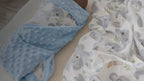 Kiddospot Koala Minky Baby Blanket and Muslin Swaddle Set — two-piece matching newborn gift set featuring a watercolour-style koala print with grey cartoon koalas, sage green eucalyptus sprigs, pastel pink boomerangs, butterflies and paw prints on white. Ultra-plush sky blue dimple minky reverse plus breathable muslin swaddle. Most popular gift set for Australian and New Zealand families. Free AU shipping. kiddospot.com