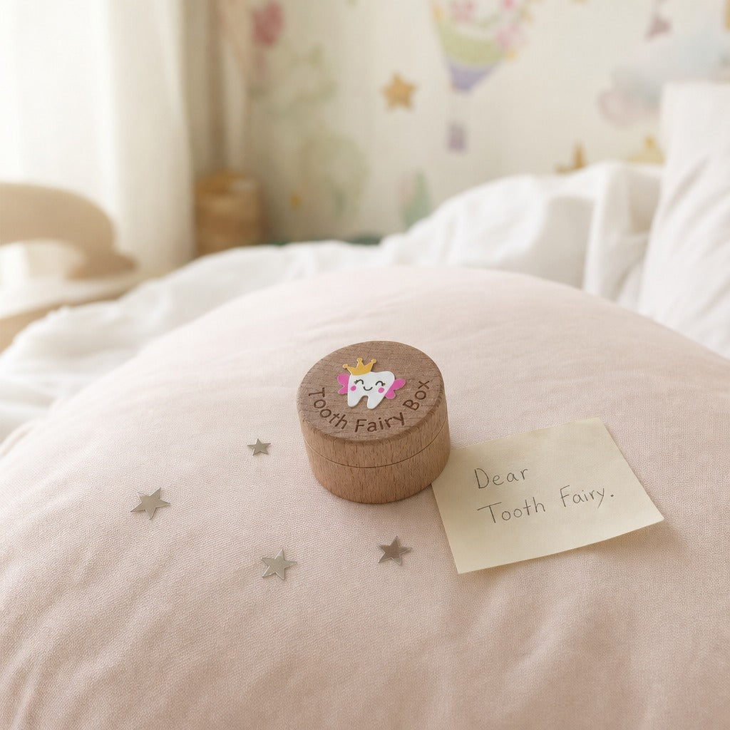 Kiddospot small round wooden tooth fairy box sits on a soft pink blanket on a bed, next to a handwritten note that says 'Dear Tooth Fairy.' The box lid is decorated with an illustration of a tooth fairy and the words 'Tooth Fairy Box.