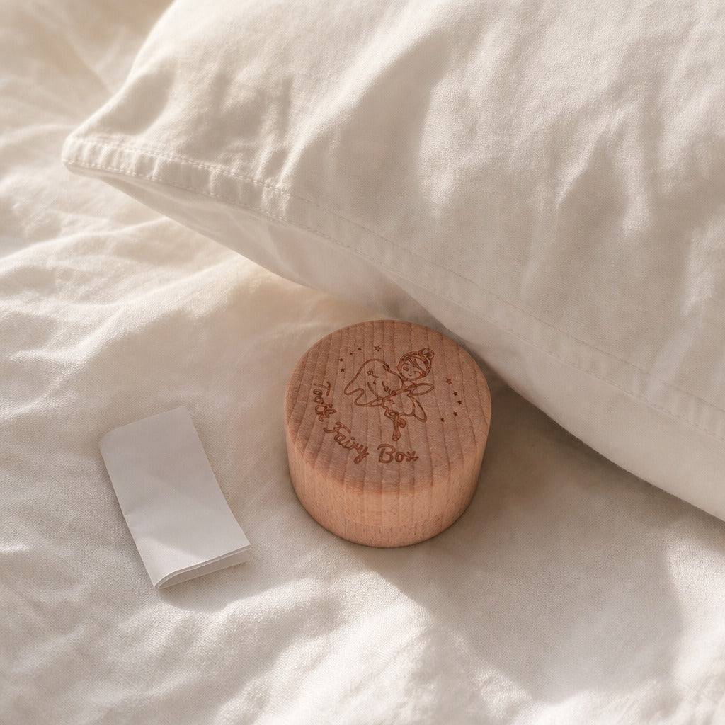 Kiddospot small round wooden keepsake box with a fairy engraving sits on white bedding next to a folded white card, with a white pillow in the background.