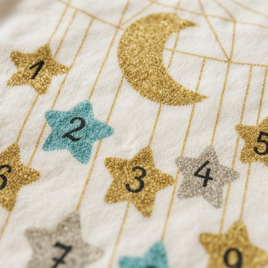 Close-up of a white fabric surface printed with a gold crescent moon and numbered glitter stars in gold, silver, and light blue.