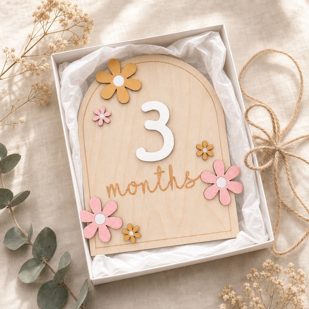 Kiddospot wooden 3-month milestone plaque with a white number 3 and the word 'months' in script, decorated with pink and yellow wooden flowers, presented in a white gift box on a beige fabric background with dried flowers and eucalyptus leaves.