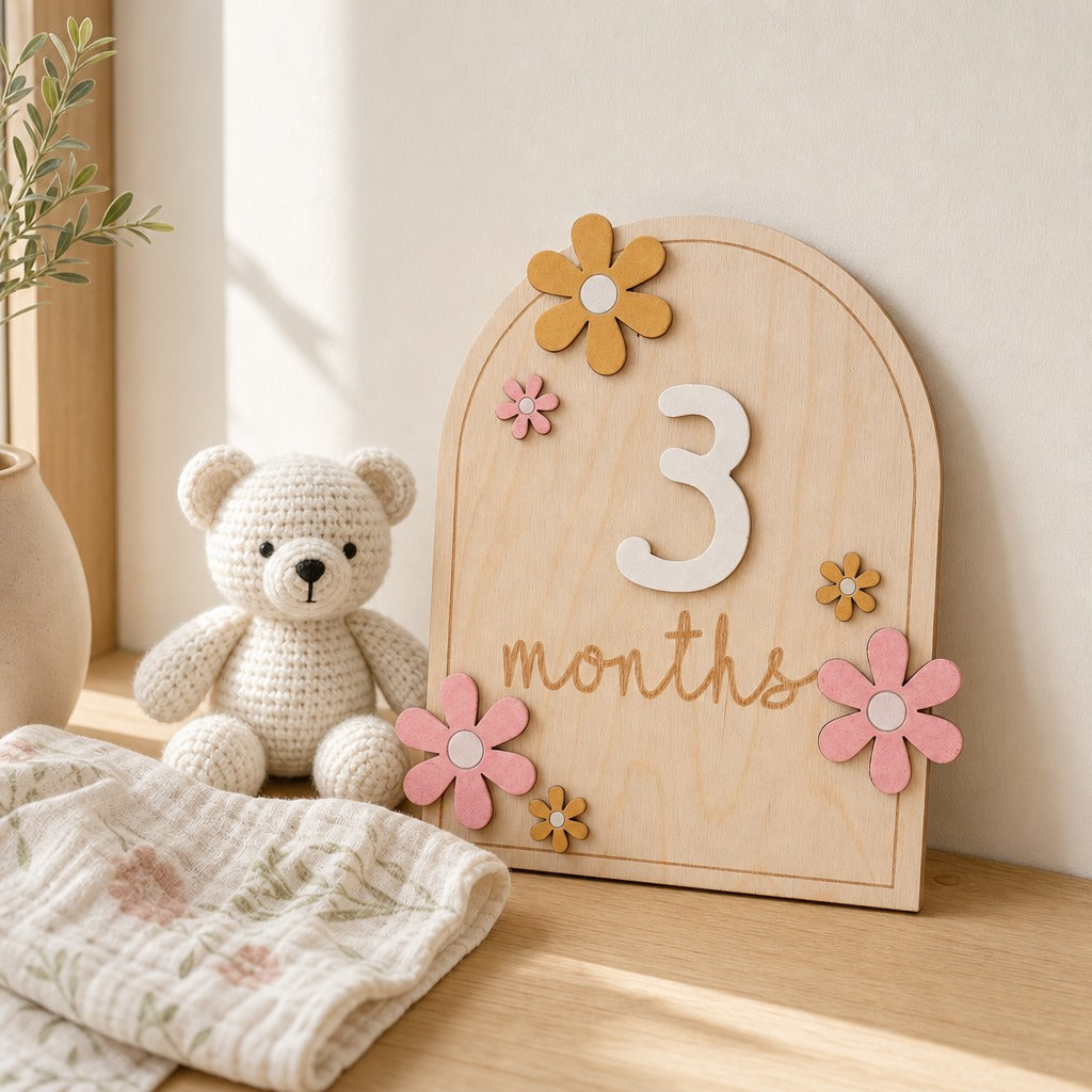 Kiddospot wooden arched milestone card reading '3 months' with decorative flower cutouts, styled on a tabletop beside a crocheted teddy bear and a folded floral cloth.