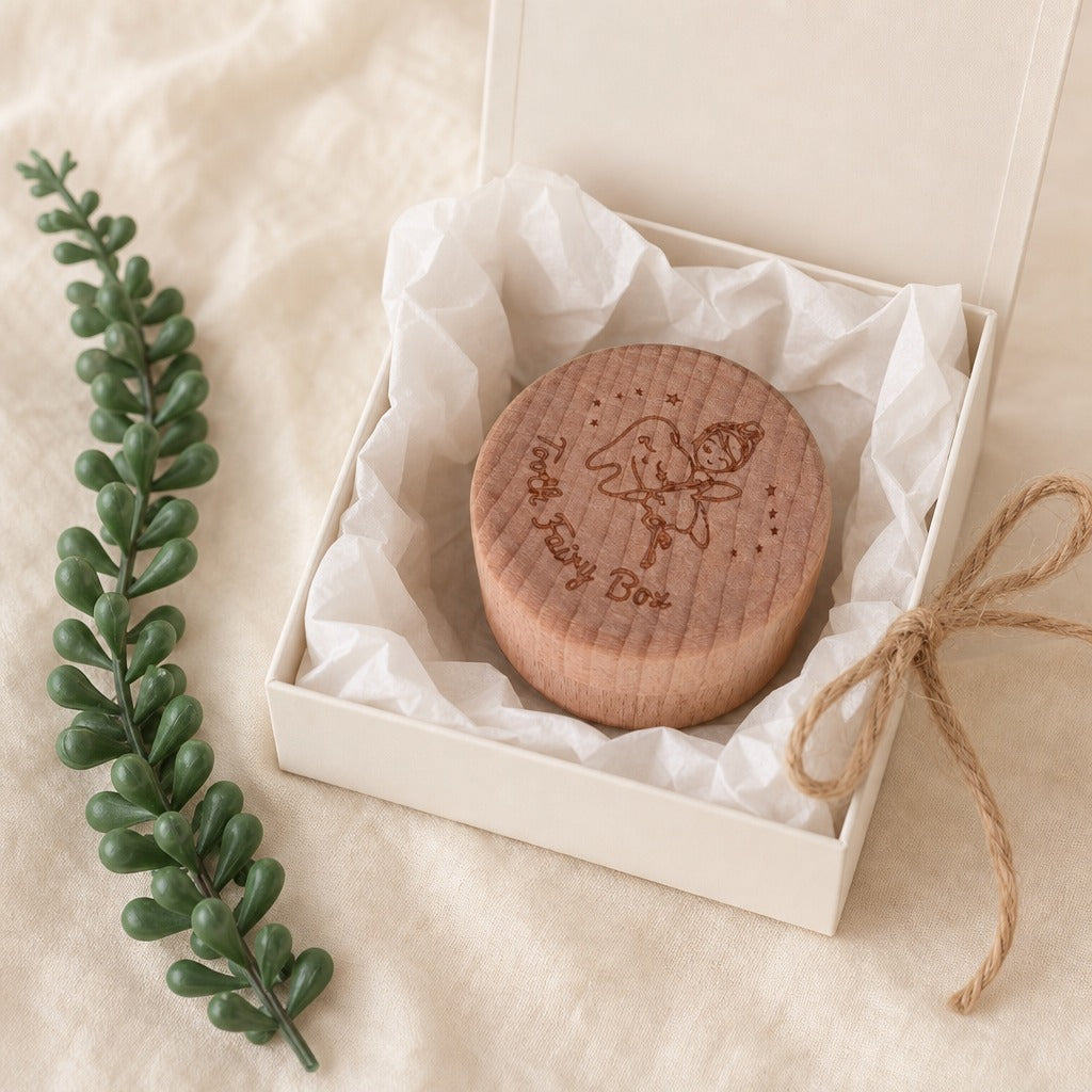 Kiddospot round wooden keepsake box lid engraved with a fairy and the words 'Fairy Box', presented inside an open cream-colored gift box lined with white tissue paper and tied with twine, styled on a beige fabric surface with a green sprig.