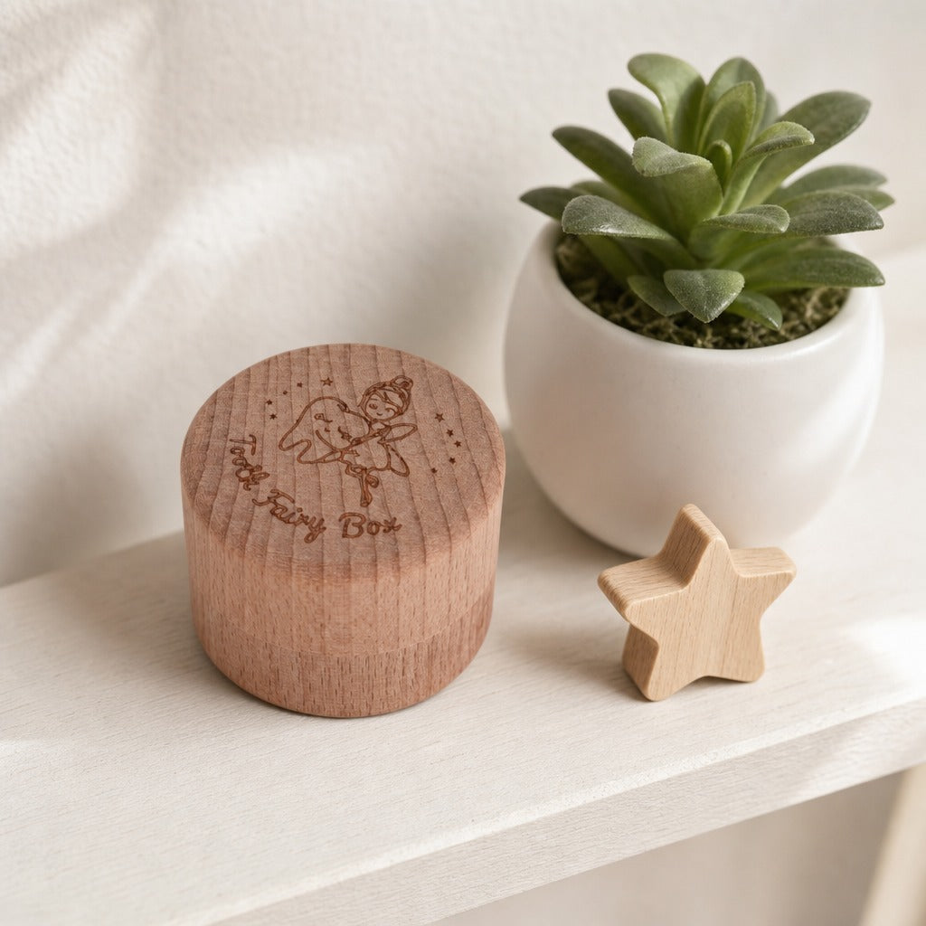 Kiddospot round wooden keepsake box engraved with a fairy and the words 'My Happy Box' sits on a white shelf next to a small wooden star and a potted succulent.